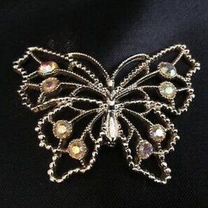 Vintage Aurora Borealis Rhinestones Butterfly Brooch Gold Tone Setting 2 1/4”